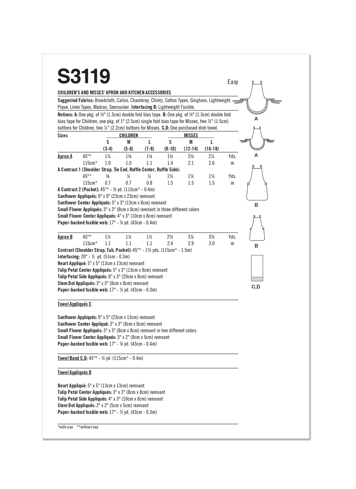 Simplicity S3119 pattern envelope showing aprons with contrast straps and floral appliques