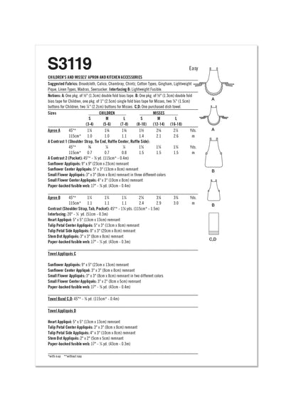 Simplicity S3119 pattern envelope showing aprons with contrast straps and floral appliques