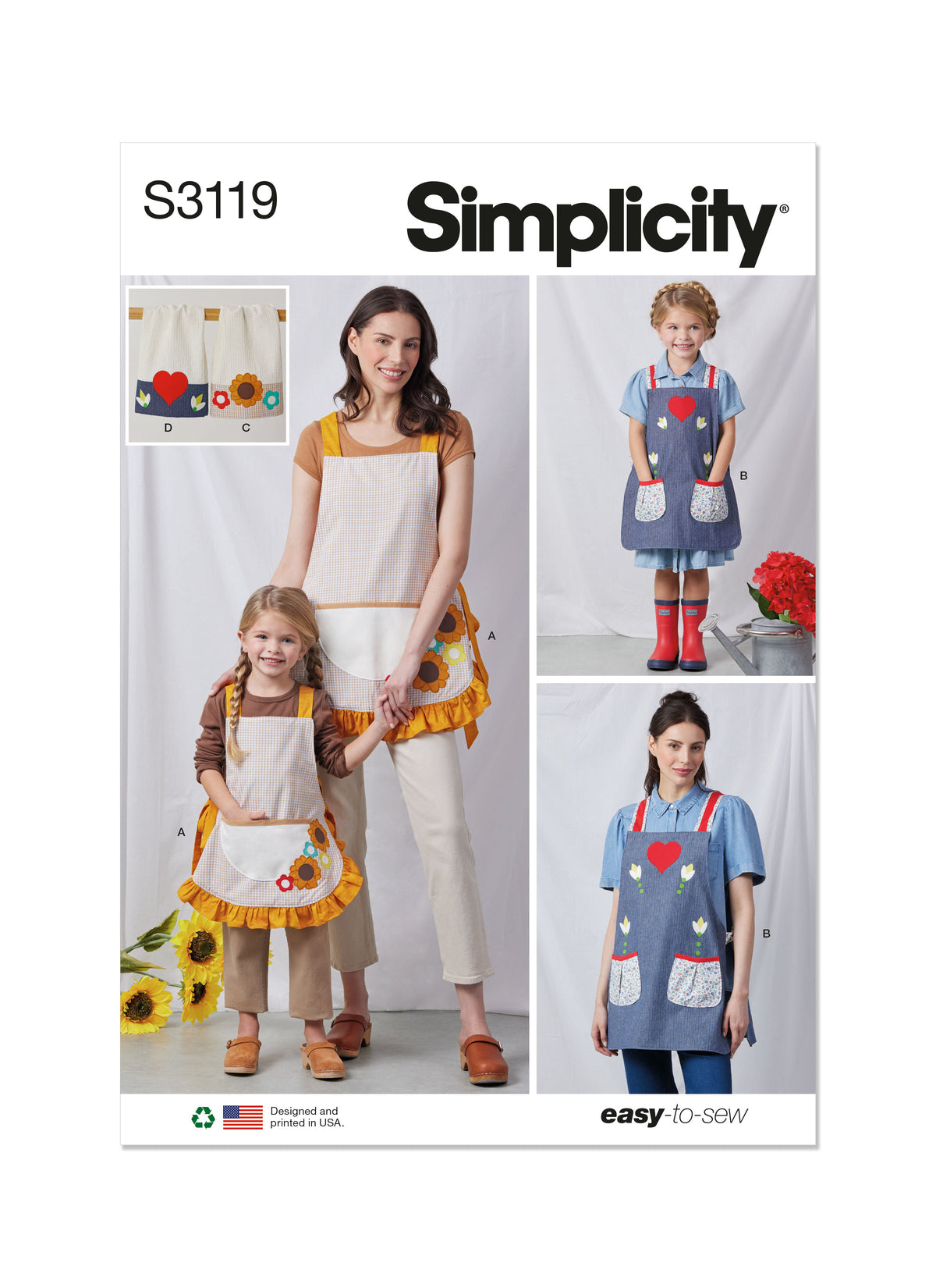 Simplicity S3119 pattern envelope showing aprons with contrast straps and floral appliques