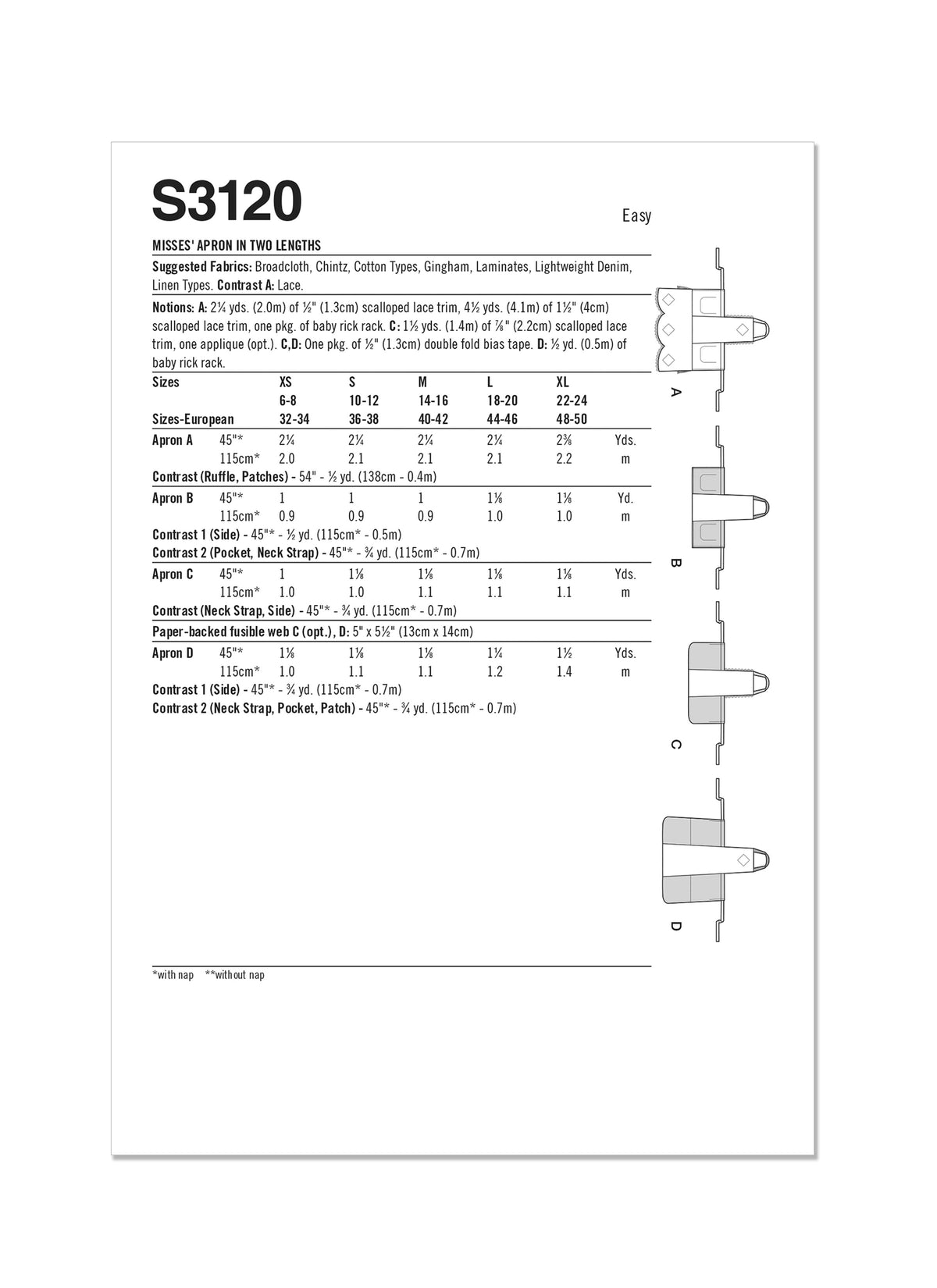 Simplicity S3120 pattern envelope showing adjustable aprons with neck straps