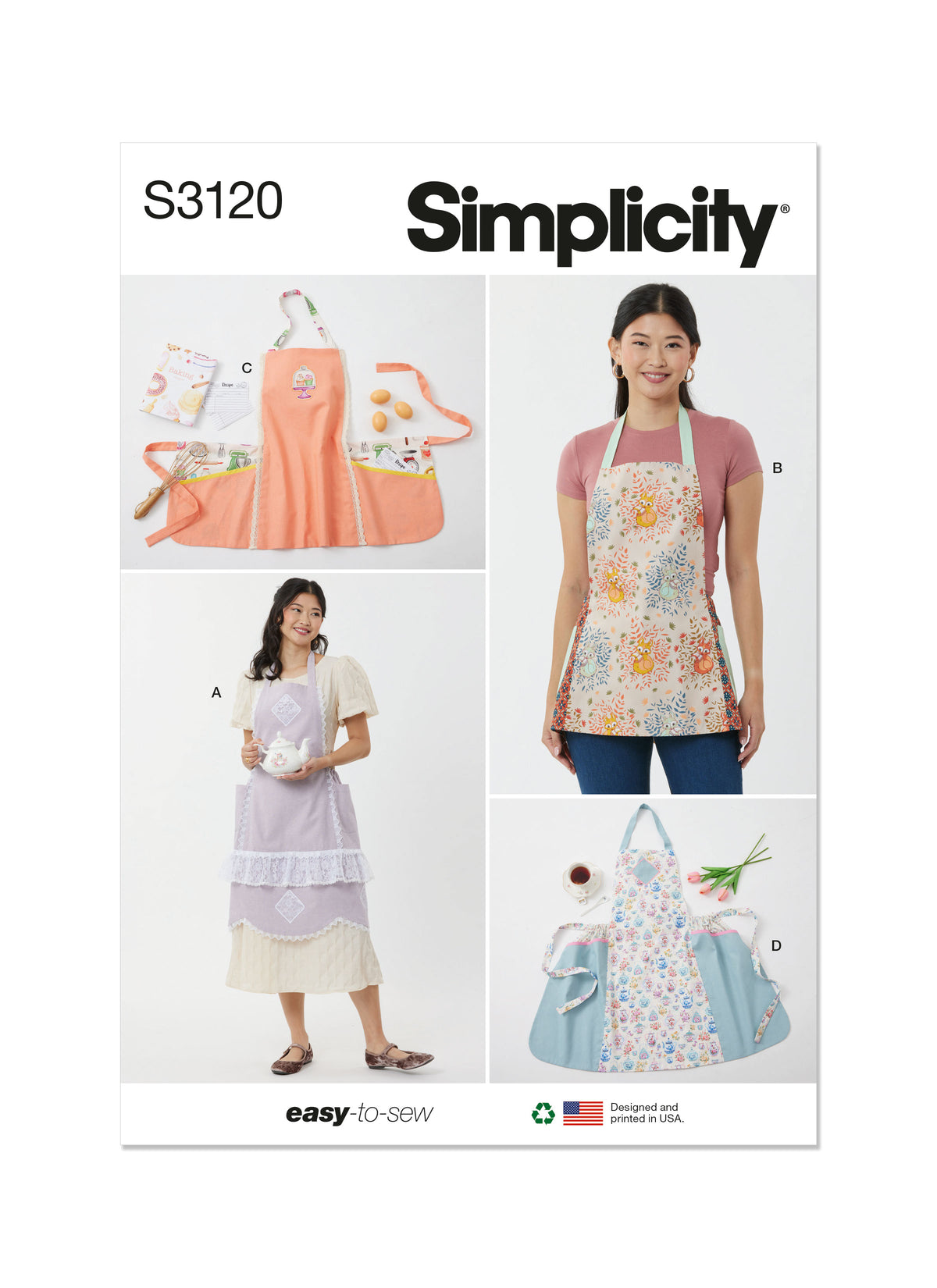 Simplicity S3120 pattern envelope showing adjustable aprons with neck straps
