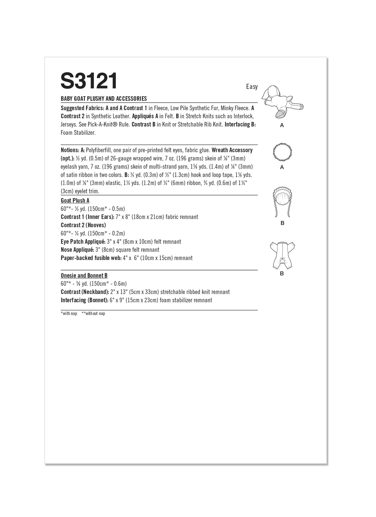 Simplicity S3121 pattern envelope showing three plush animal soft toys with floppy ears on hay bales