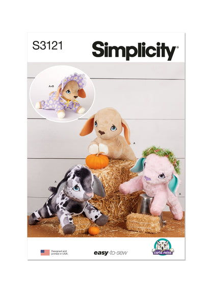Simplicity S3121 pattern envelope showing three plush animal soft toys with floppy ears on hay bales