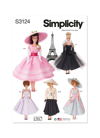 Simplicity S3124 pattern envelope showing doll clothes in 1950s style