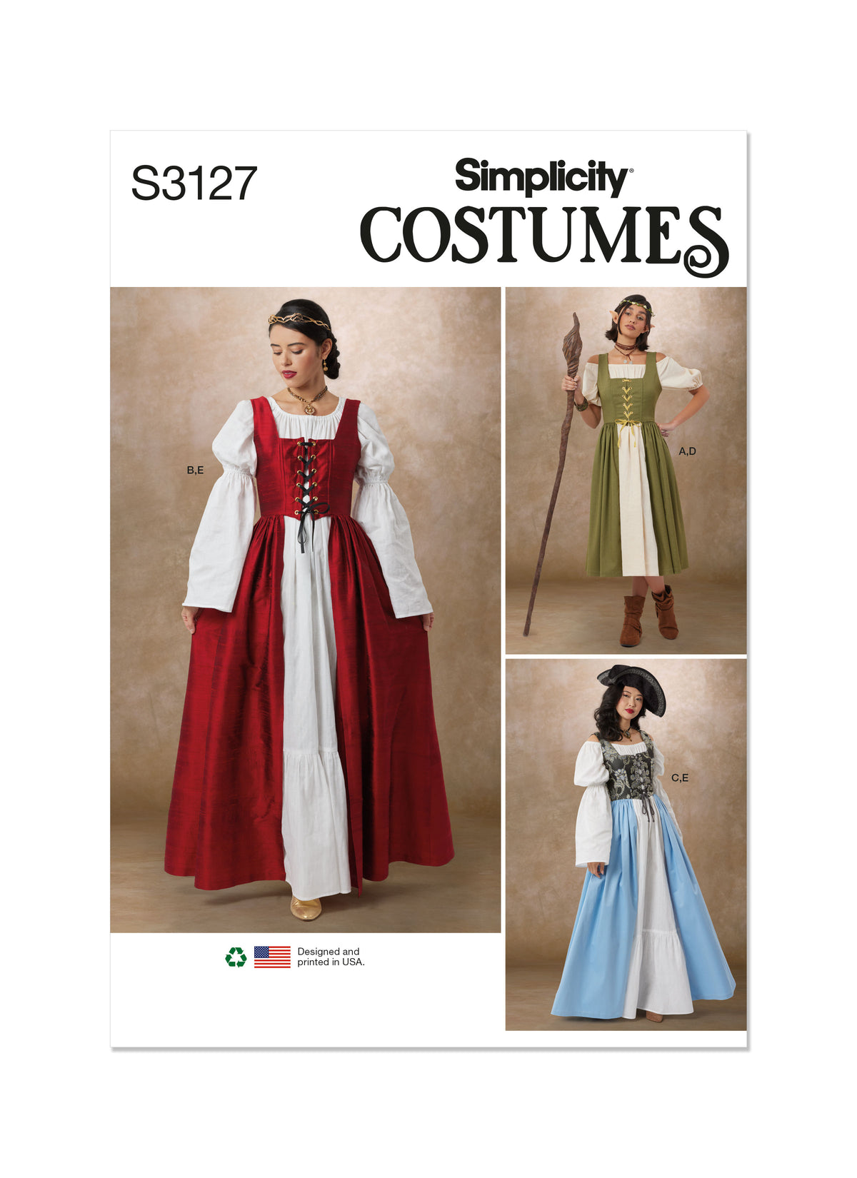 Simplicity S3127 pattern envelope showing women in lace-up bodice costume dresses