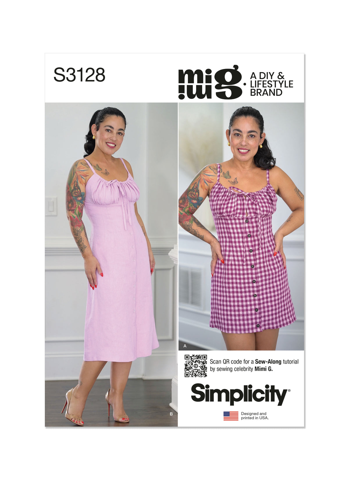 Simplicity S3128 pattern envelope showing women in button front dresses