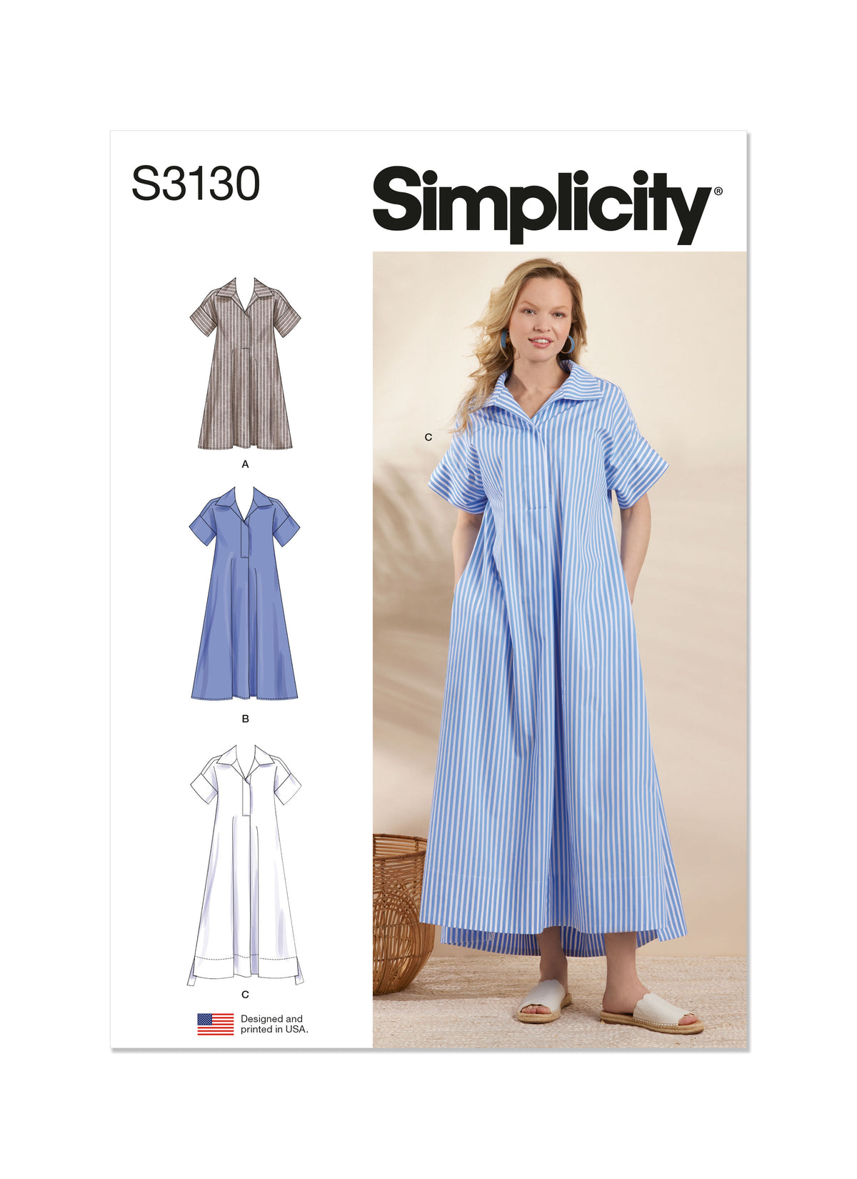 Simplicity S3130 pattern envelope showing women in polo collar dresses