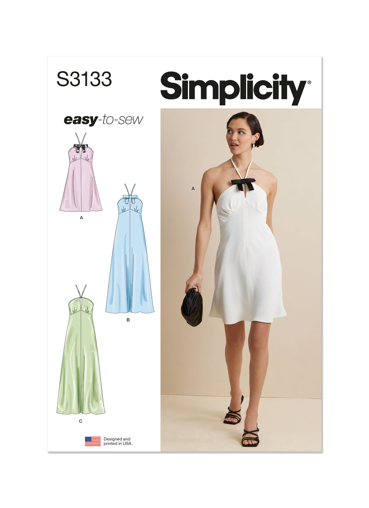 Simplicity S3133 sewing pattern envelope showing a special occasion dress