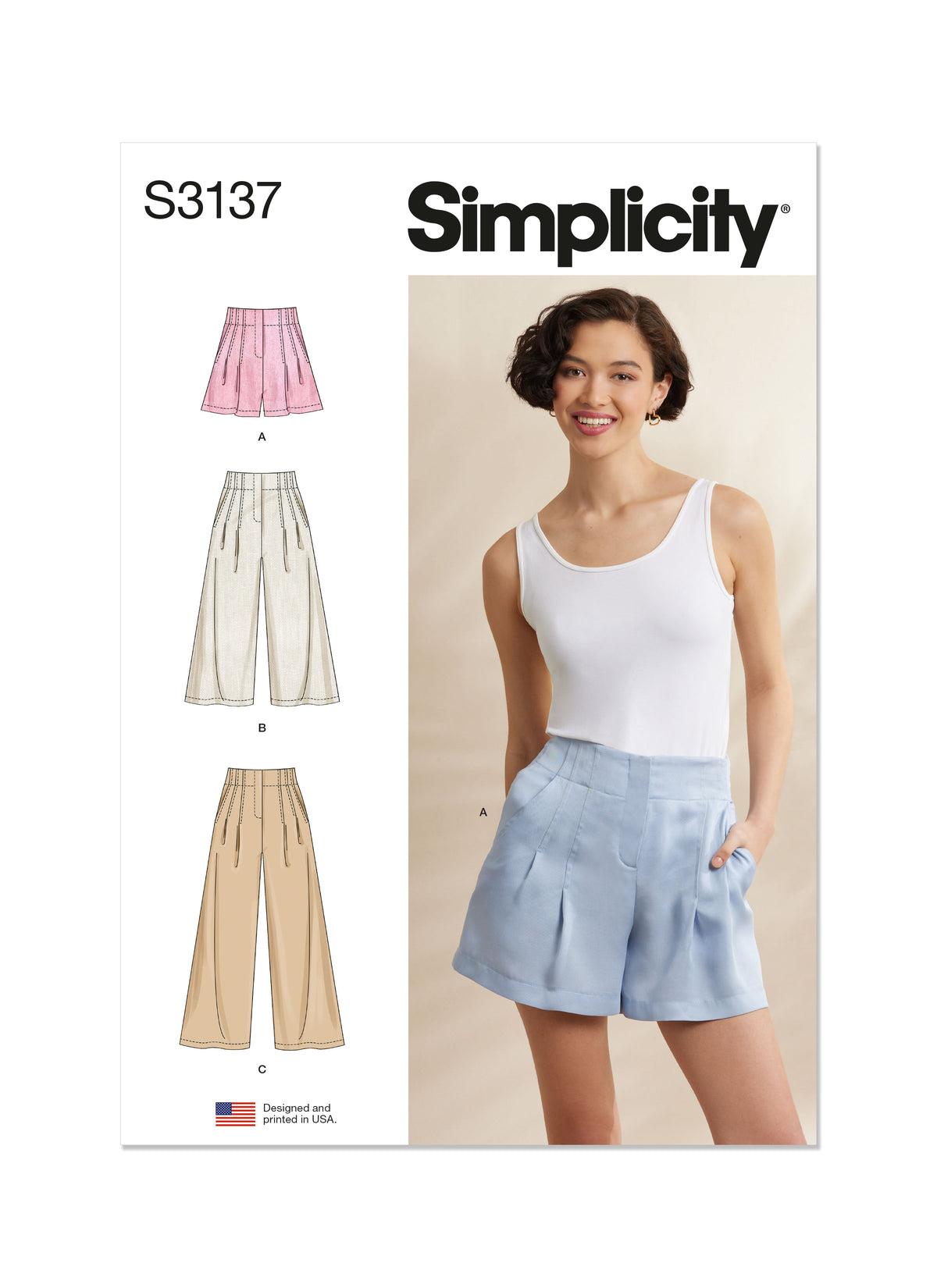Simplicity S3137 sewing pattern envelope showing a skirt or trousers