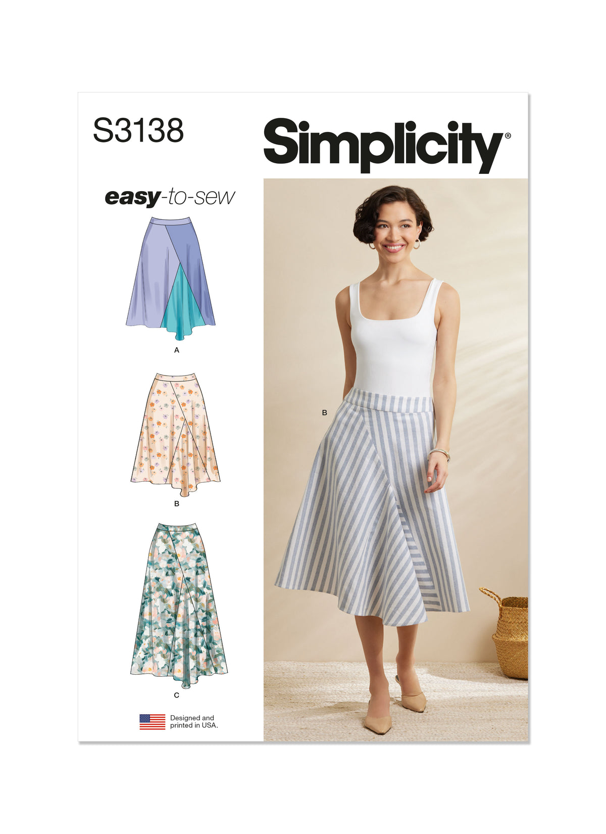 Simplicity S3138 sewing pattern envelope showing a skirt or trousers
