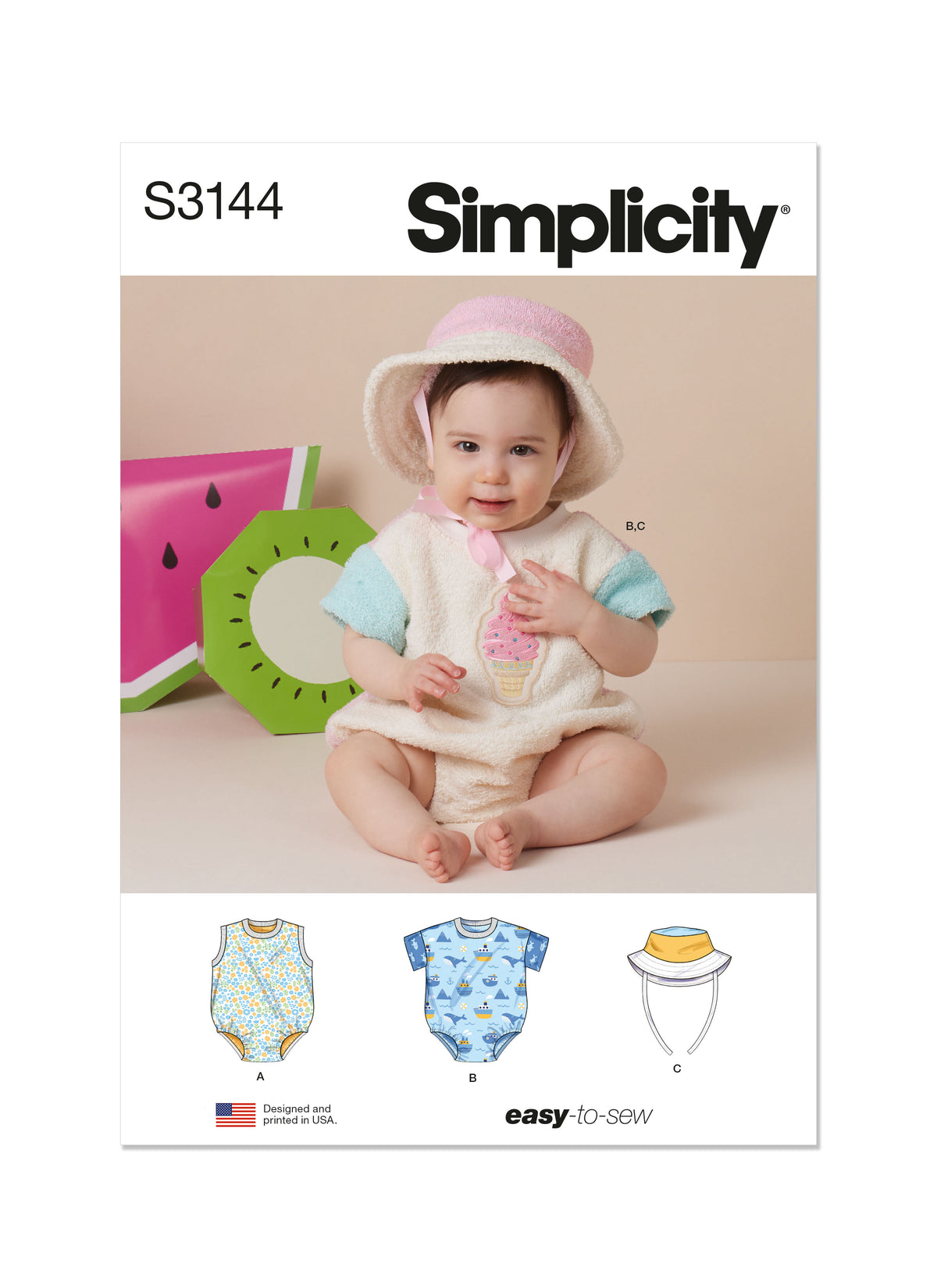 Simplicity S3144 sewing pattern envelope showing baby casual wear