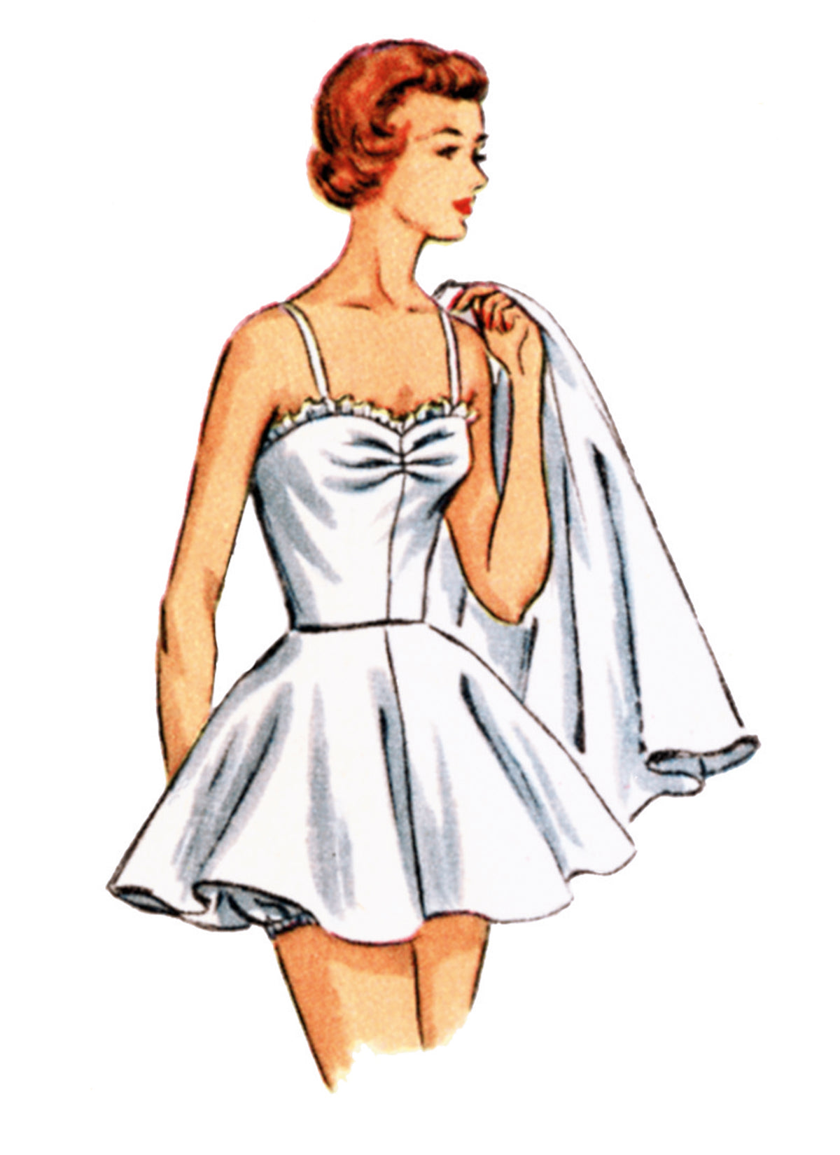 Simplicity S3151 sewing pattern envelope showing a 1950s style one-piece bathing suit and skirt