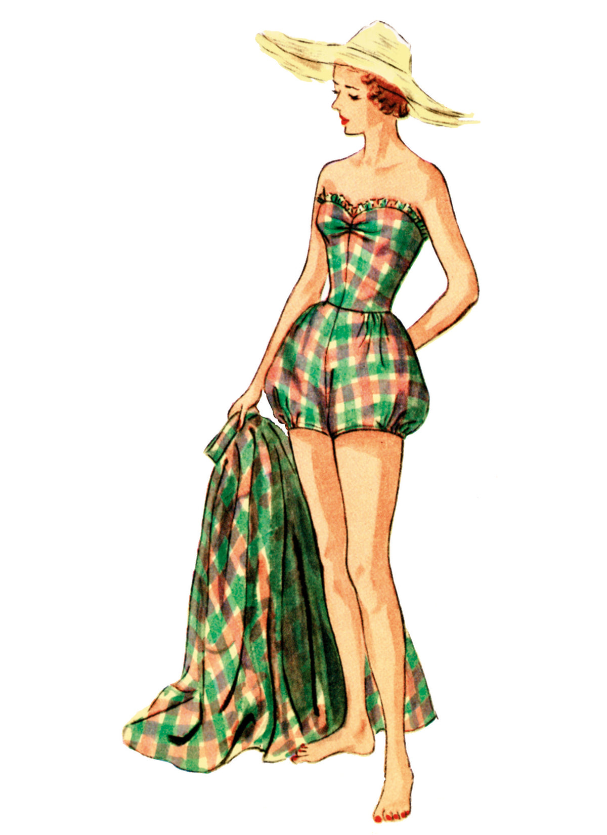 Simplicity S3151 sewing pattern envelope showing a 1950s style one-piece bathing suit and skirt