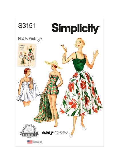 Simplicity S3151 sewing pattern envelope showing a 1950s style one-piece bathing suit and skirt