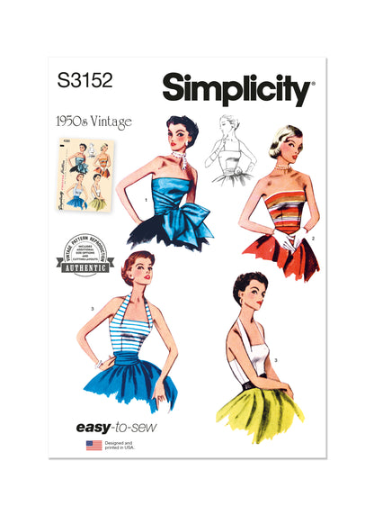 Simplicity S3152 sewing pattern envelope showing a 1950s style halter or strapless bodice