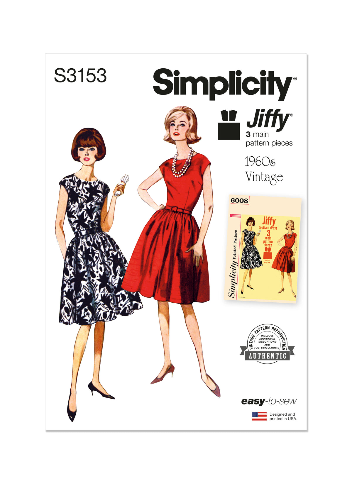 Simplicity S3153 sewing pattern envelope showing a 1960s style one-piece jiffy dress
