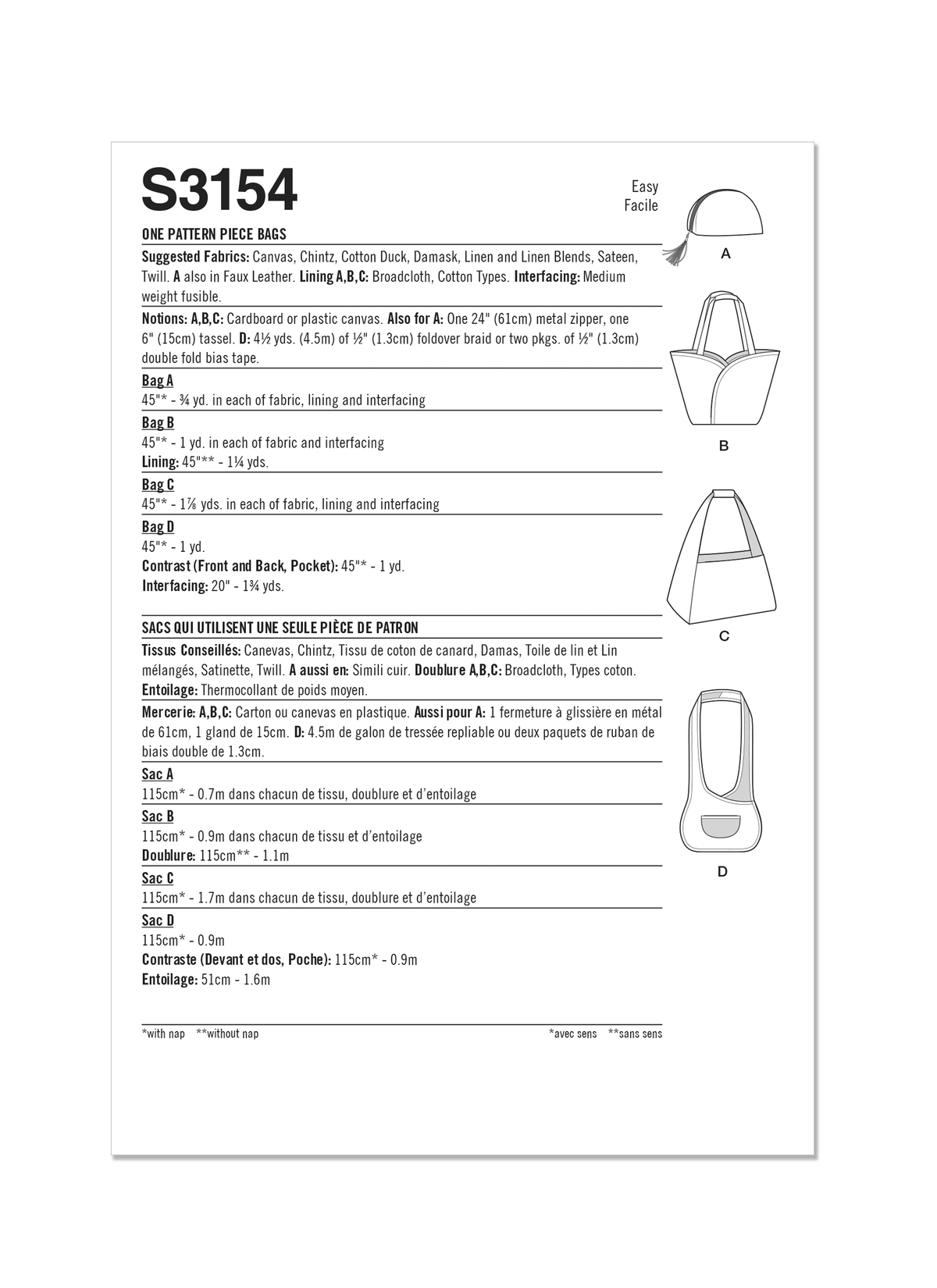 Simplicity S3154 pattern envelope showing lined bags