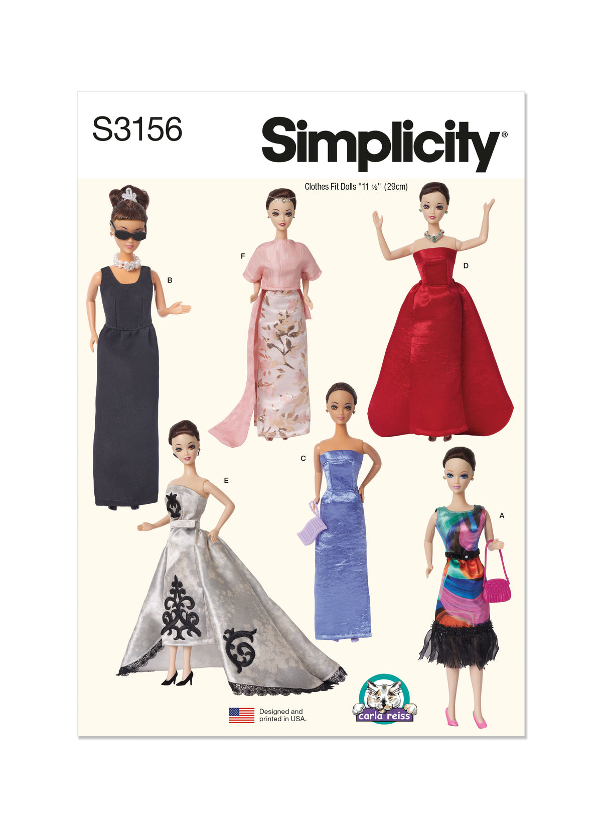 Simplicity S3156 pattern envelope showing doll outfits