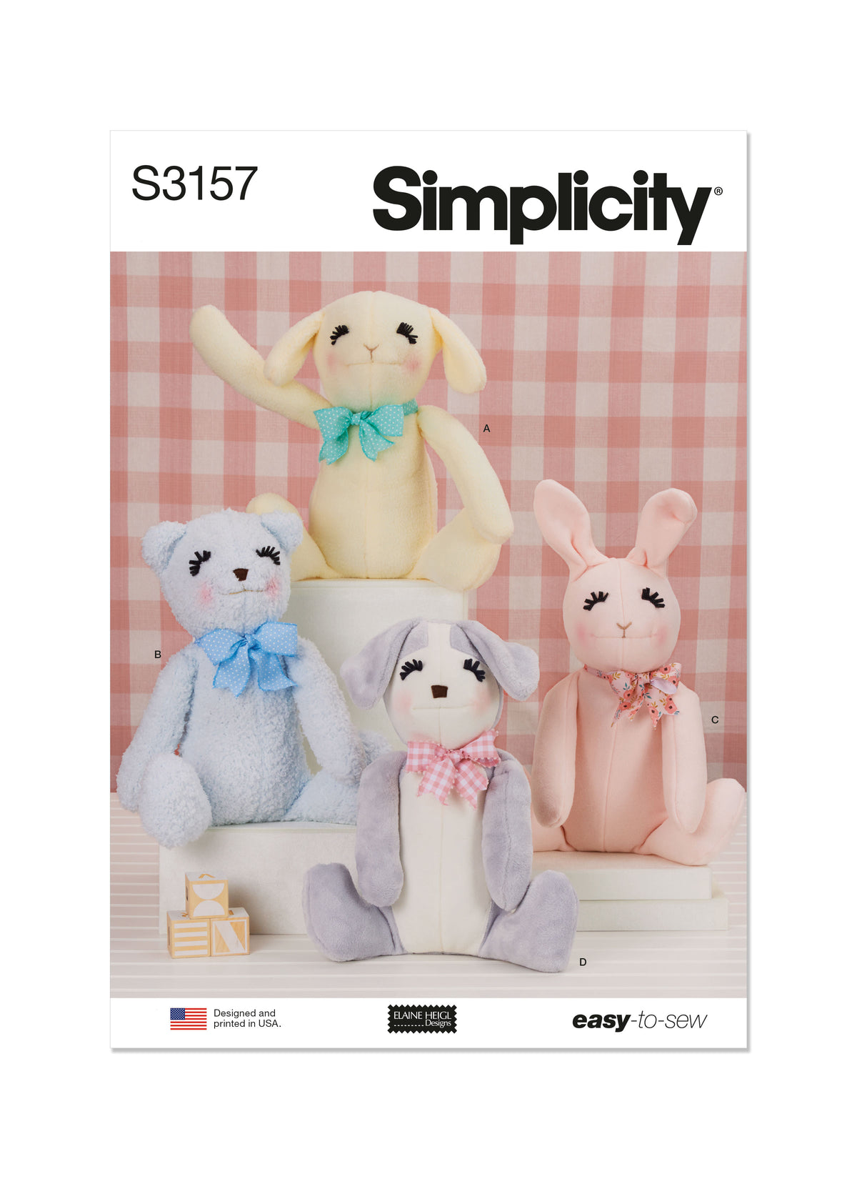 Simplicity S3157 pattern envelope showing stuffed toy characters