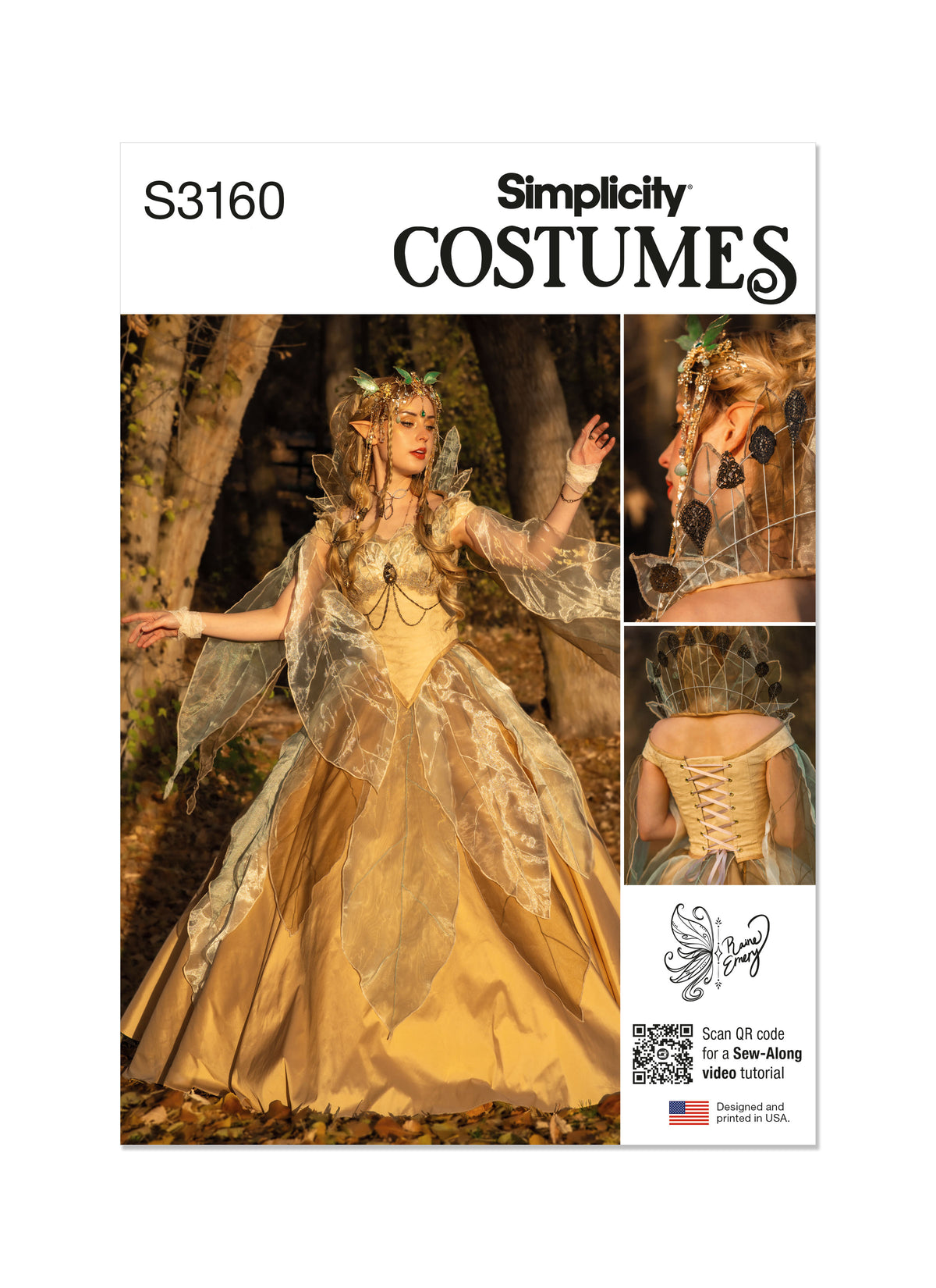 Simplicity S3160 pattern envelope showing a gold fantasy gown with sheer leaf overlays