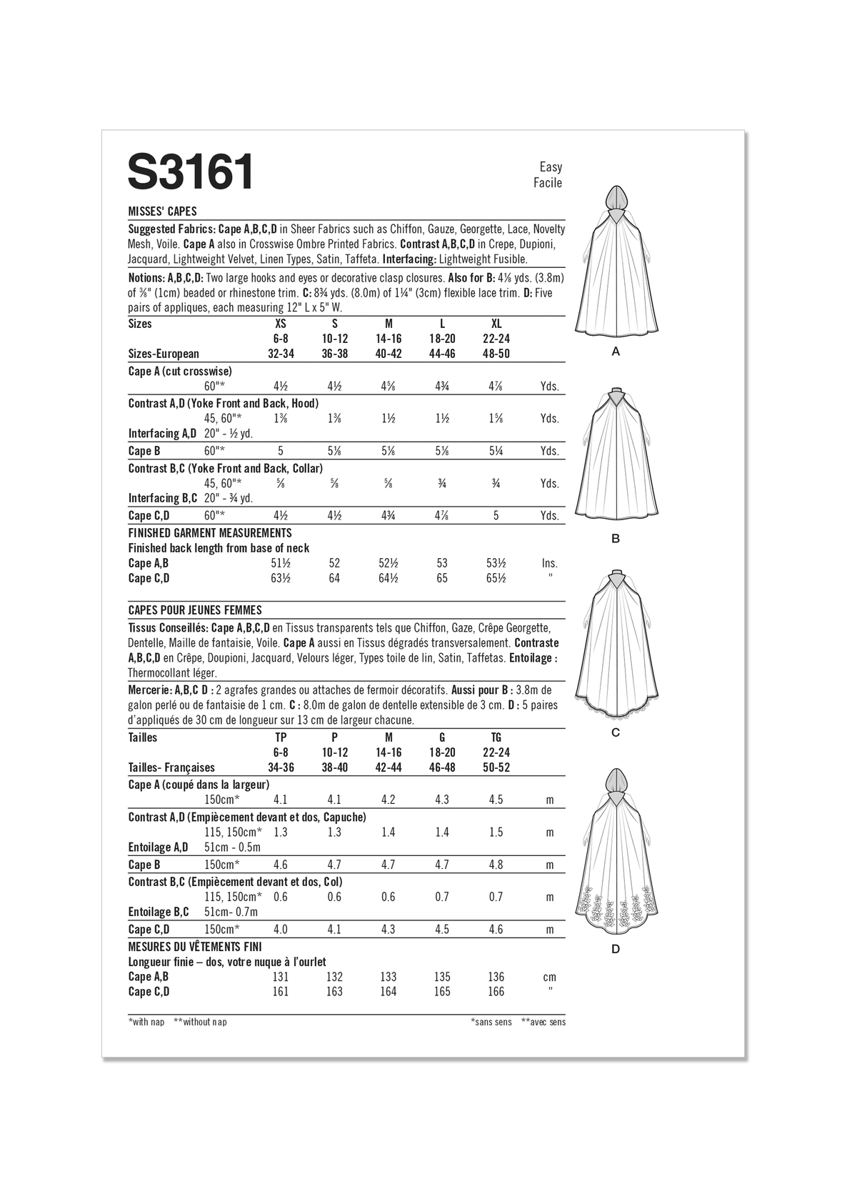 Simplicity S3161 pattern envelope showing sheer flowing capes in four styles