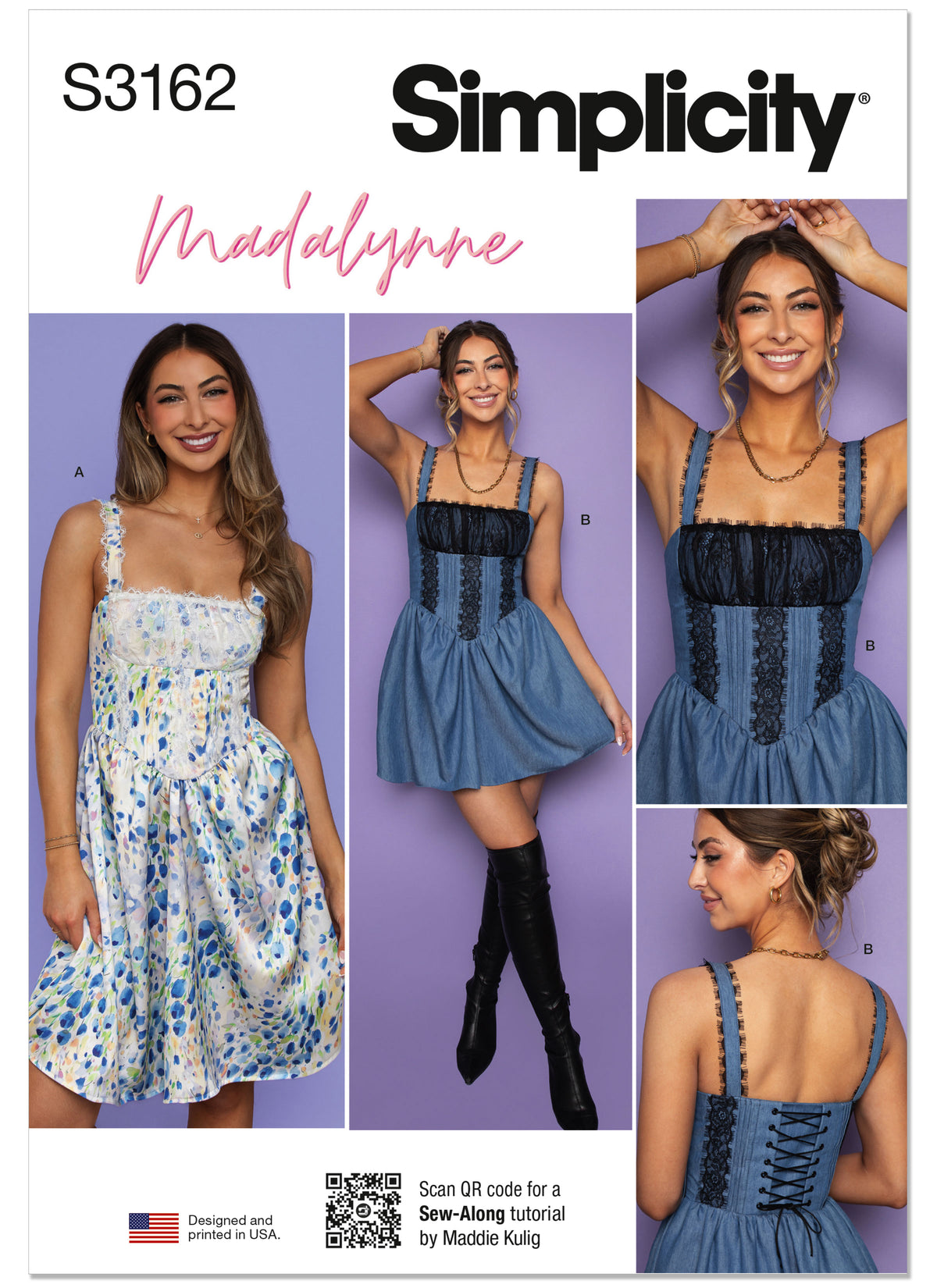 Simplicity S3162 pattern envelope showing a lace-trimmed dress with laced back