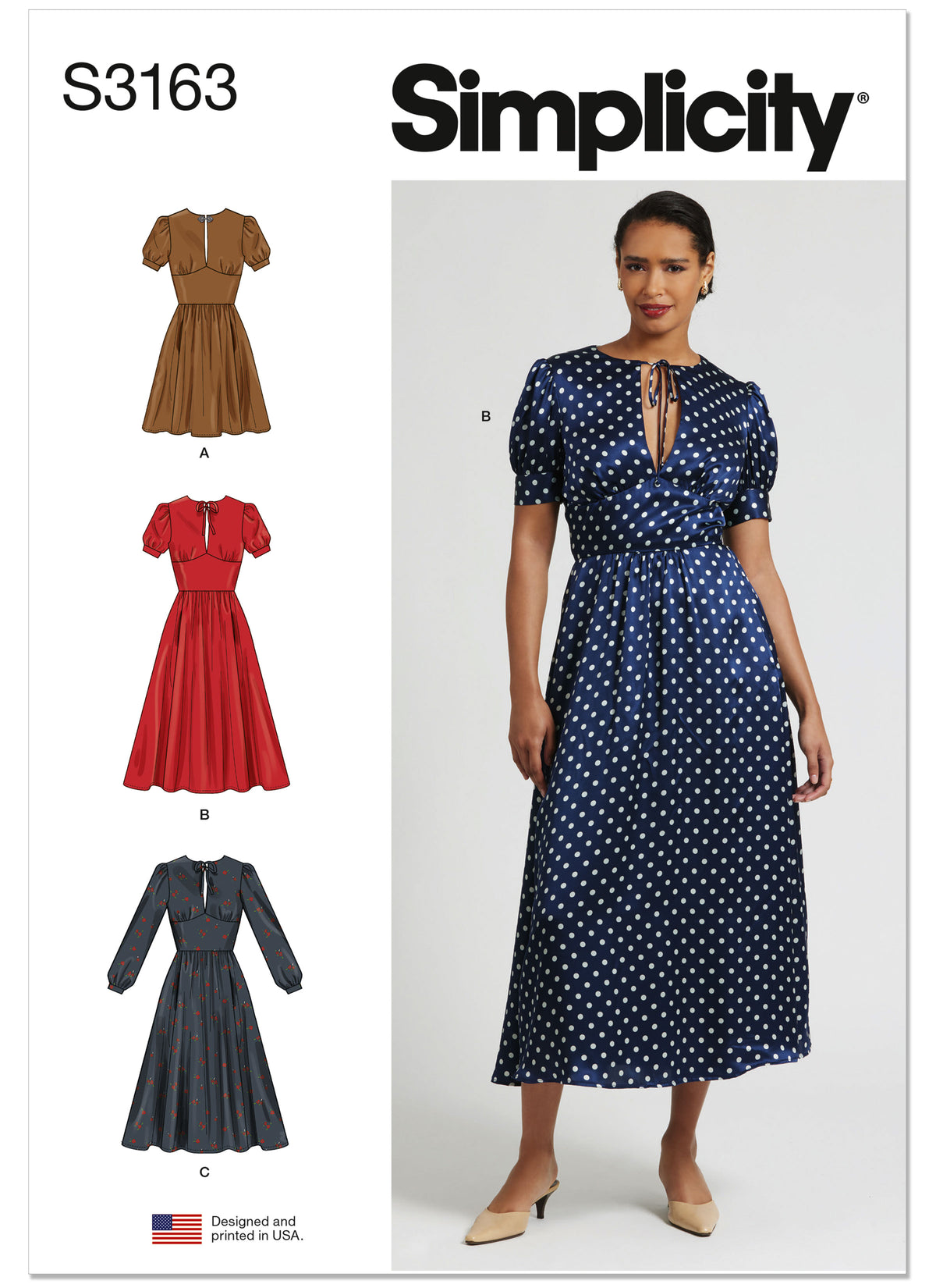 Simplicity S3163 pattern envelope showing a fit and flare dress with split neckline