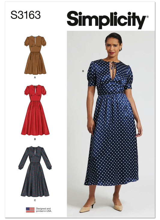 Simplicity S3163 pattern envelope showing a fit and flare dress with split neckline