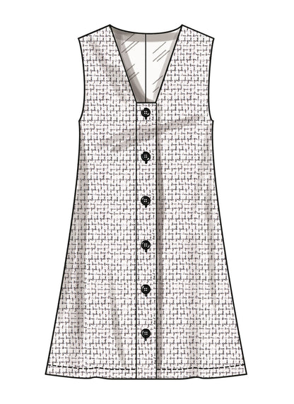 Simplicity S3164 pattern envelope showing a deep V-neck button front dress