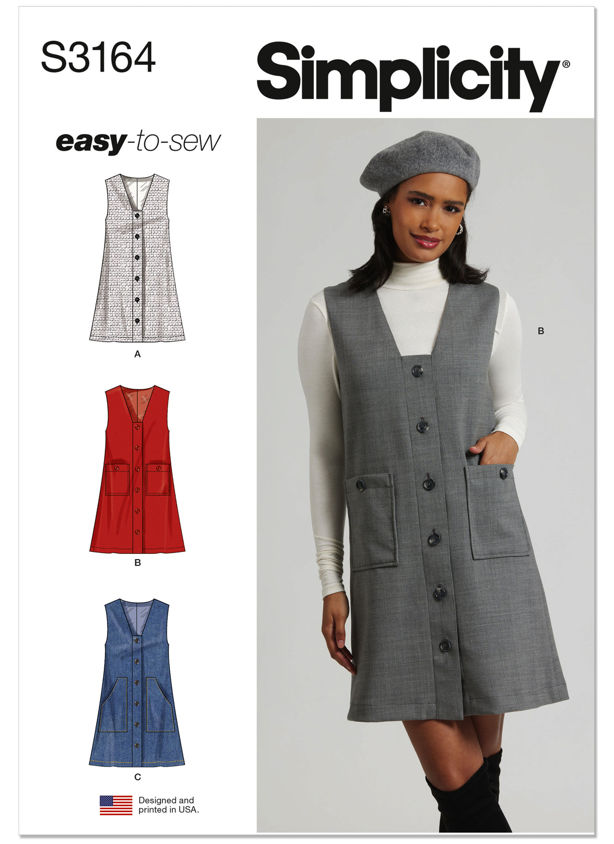Simplicity S3164 pattern envelope showing a deep V-neck button front dress