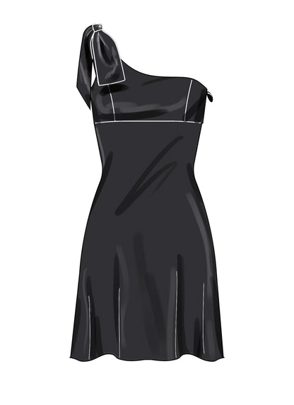 Simplicity S3165 pattern envelope showing a one-shoulder dress in three lengths