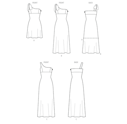 Simplicity S3165 pattern envelope showing a one-shoulder dress in three lengths