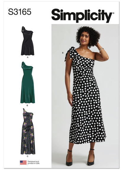 Simplicity S3165 pattern envelope showing a one-shoulder dress in three lengths
