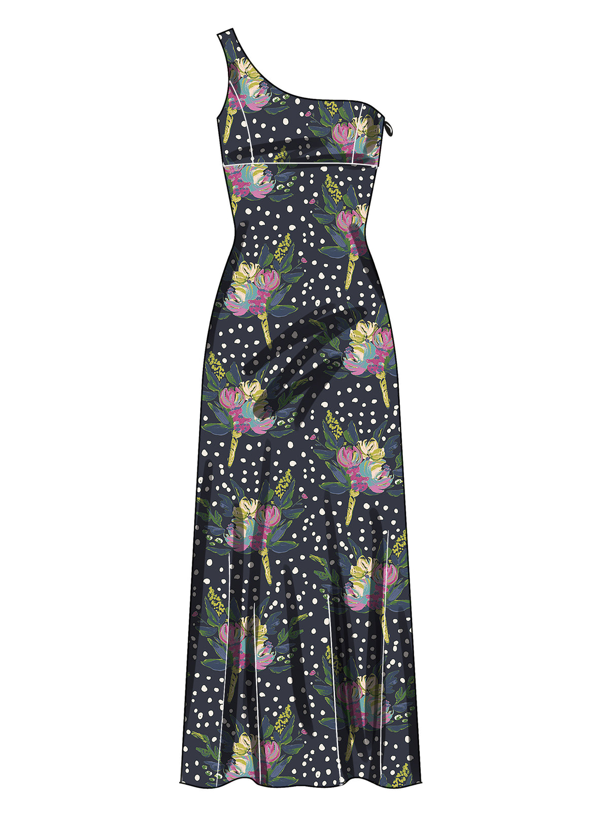 Simplicity S3165 pattern envelope showing a one-shoulder dress in three lengths