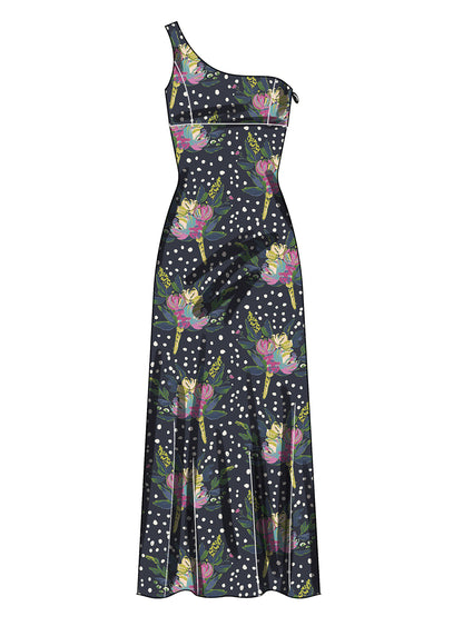 Simplicity S3165 pattern envelope showing a one-shoulder dress in three lengths