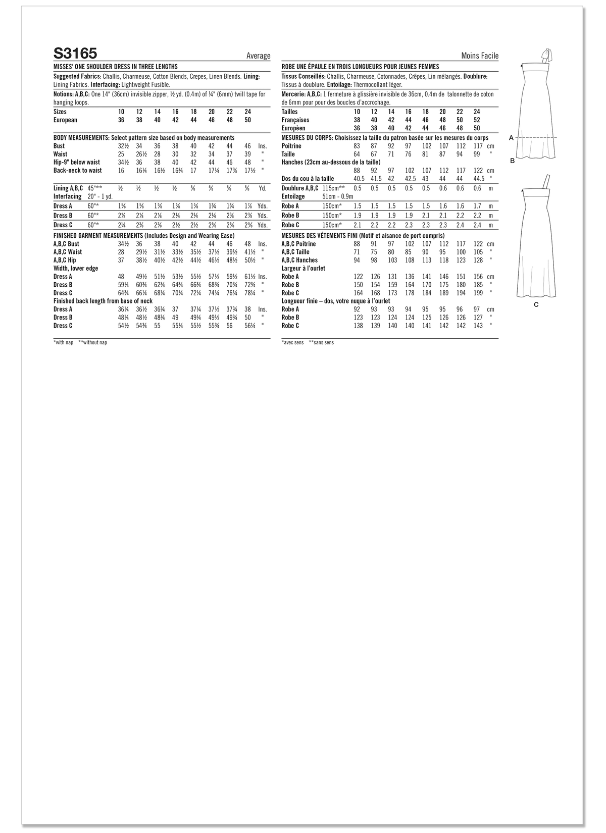Simplicity S3165 pattern envelope showing a one-shoulder dress in three lengths