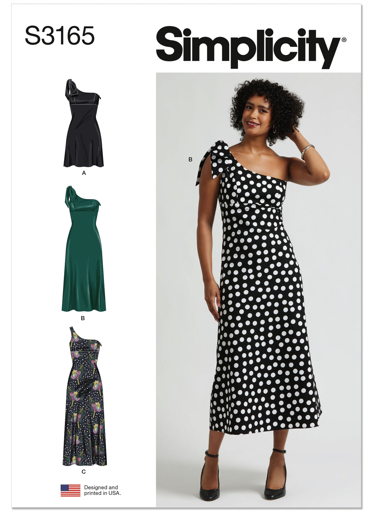 Simplicity S3165 pattern envelope showing a one-shoulder dress in three lengths