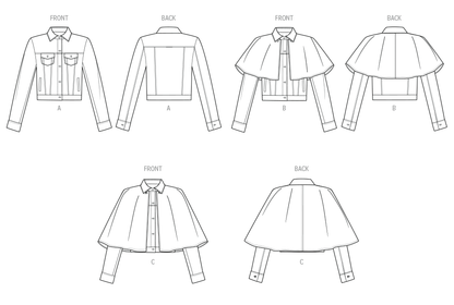 Simplicity S3168 pattern envelope showing a slim-fit jean jacket with capelet
