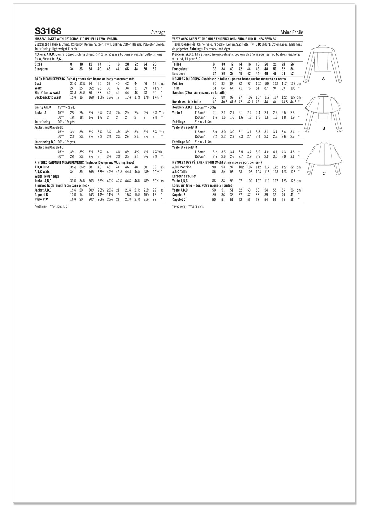 Simplicity S3168 pattern envelope showing a slim-fit jean jacket with capelet