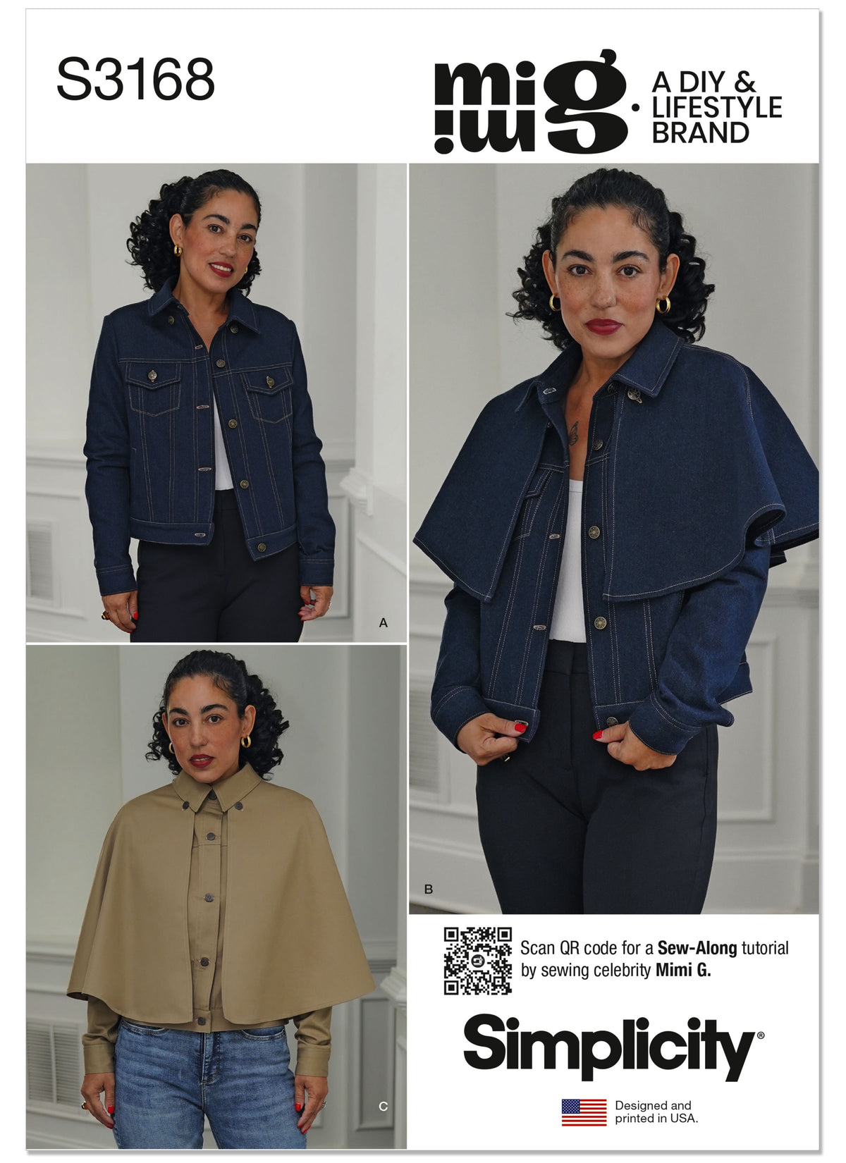 Simplicity S3168 pattern envelope showing a slim-fit jean jacket with capelet