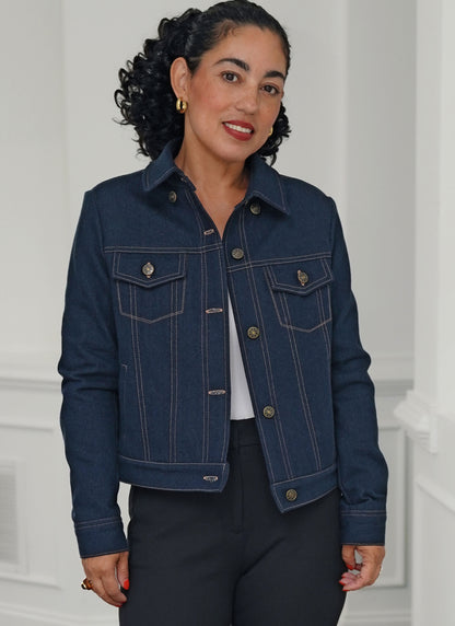 Simplicity S3168 pattern envelope showing a slim-fit jean jacket with capelet