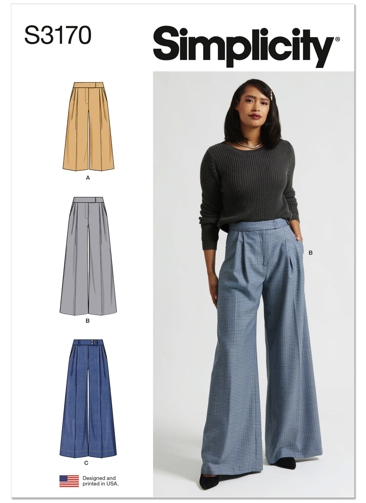 Simplicity S3170 pattern envelope showing a fly front skirt and trousers
