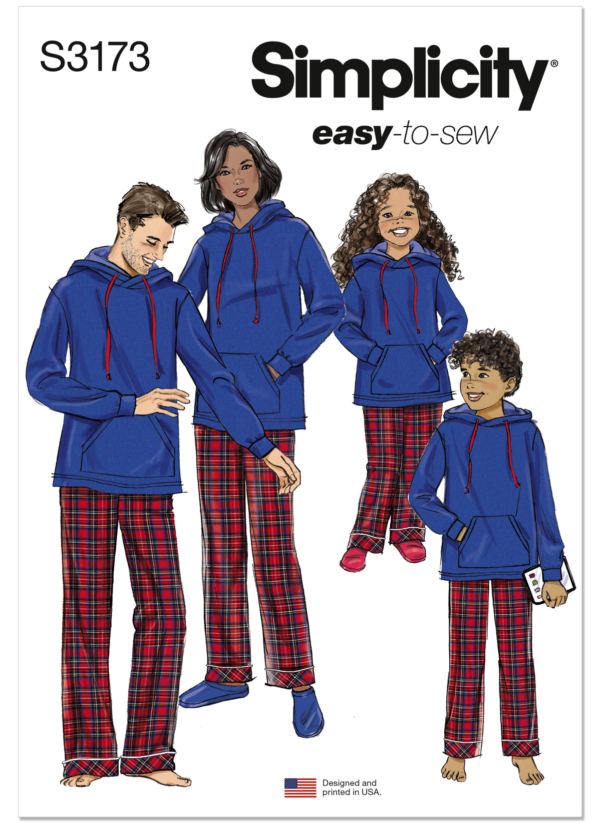 Simplicity S3173 pattern envelope showing unisex loungewear with kangaroo pocket