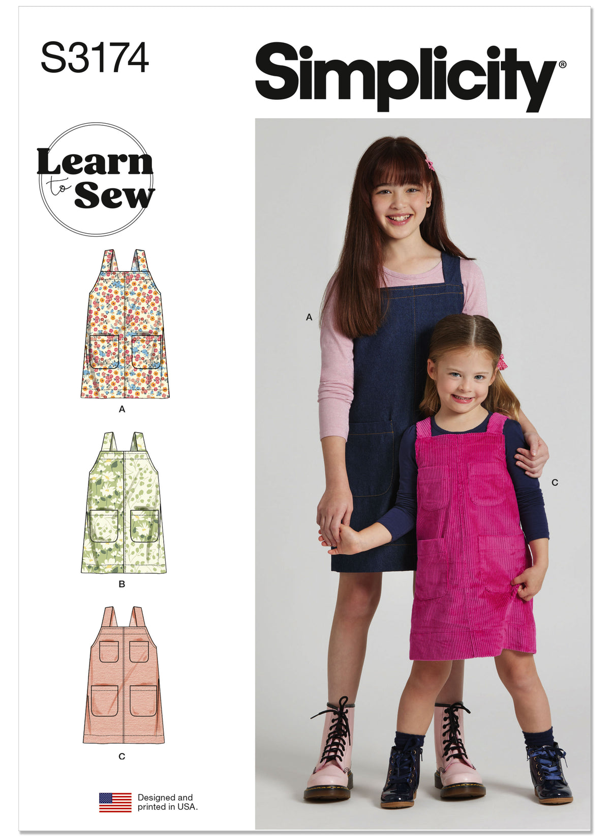 Simplicity S3174 pattern envelope showing a girls' dress with shoulder straps