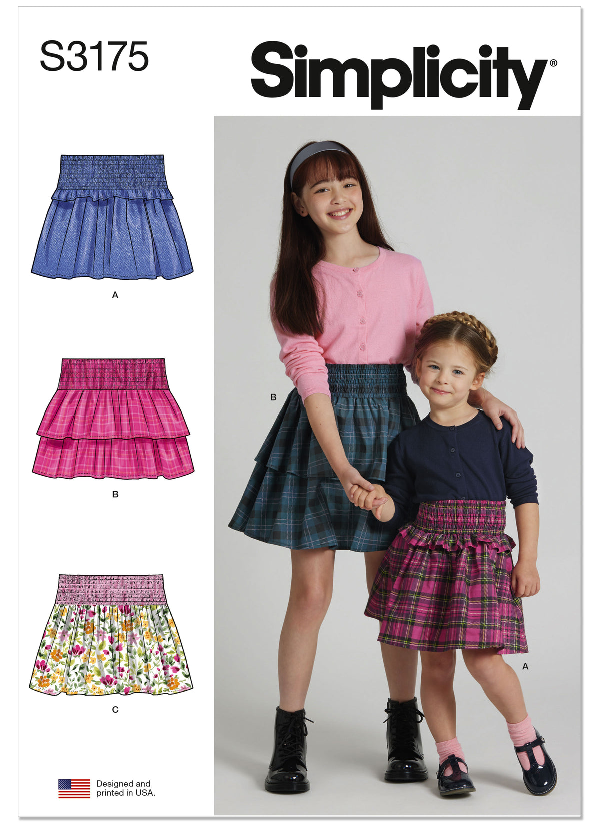 Simplicity S3175 pattern envelope showing high-waisted girls' skirts