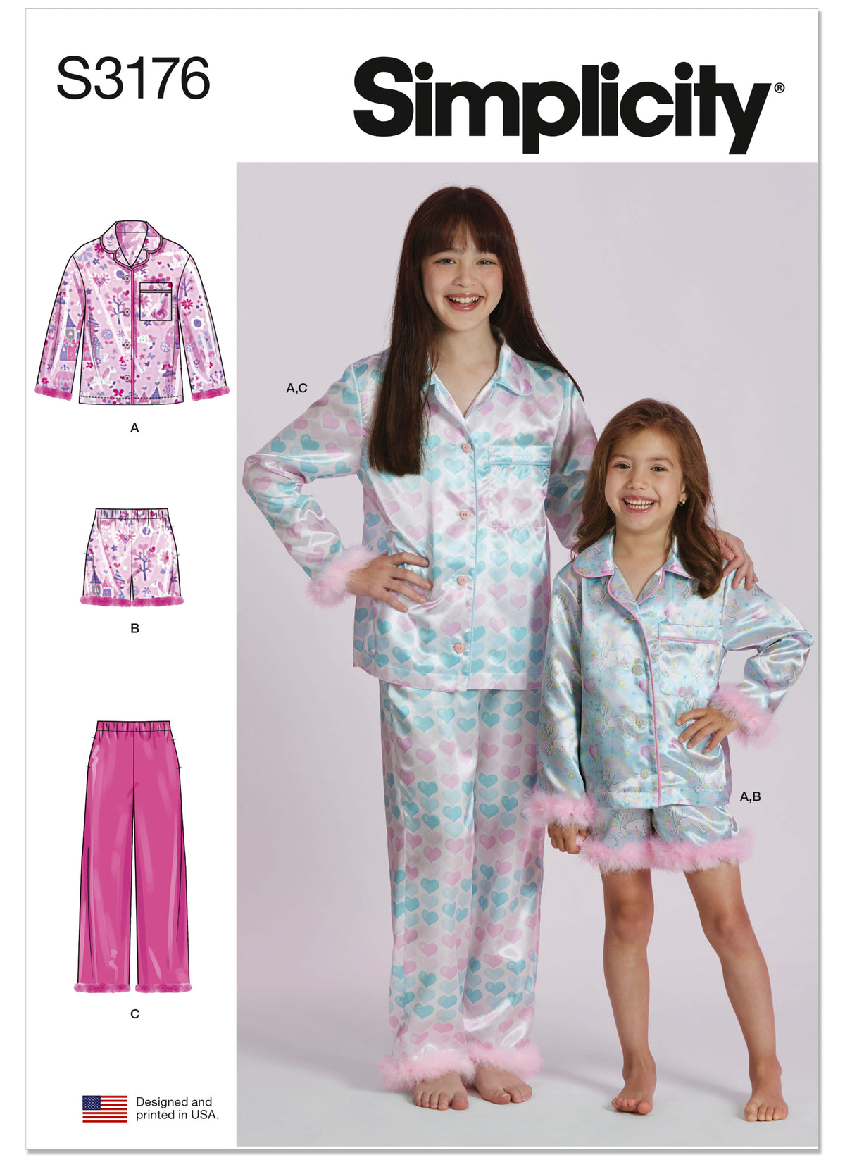 Simplicity S3176 pattern envelope showing girls' pyjamas with trimmed cuffs