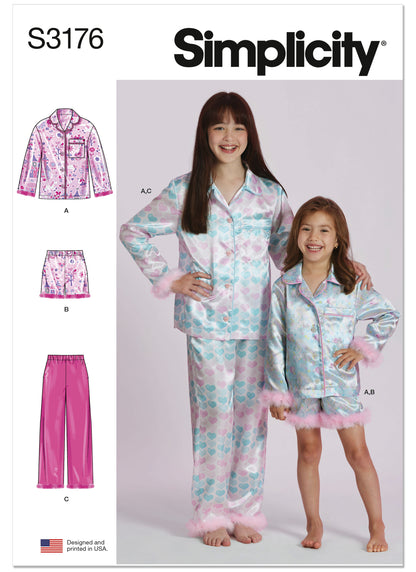 Simplicity S3176 pattern envelope showing girls' pyjamas with trimmed cuffs
