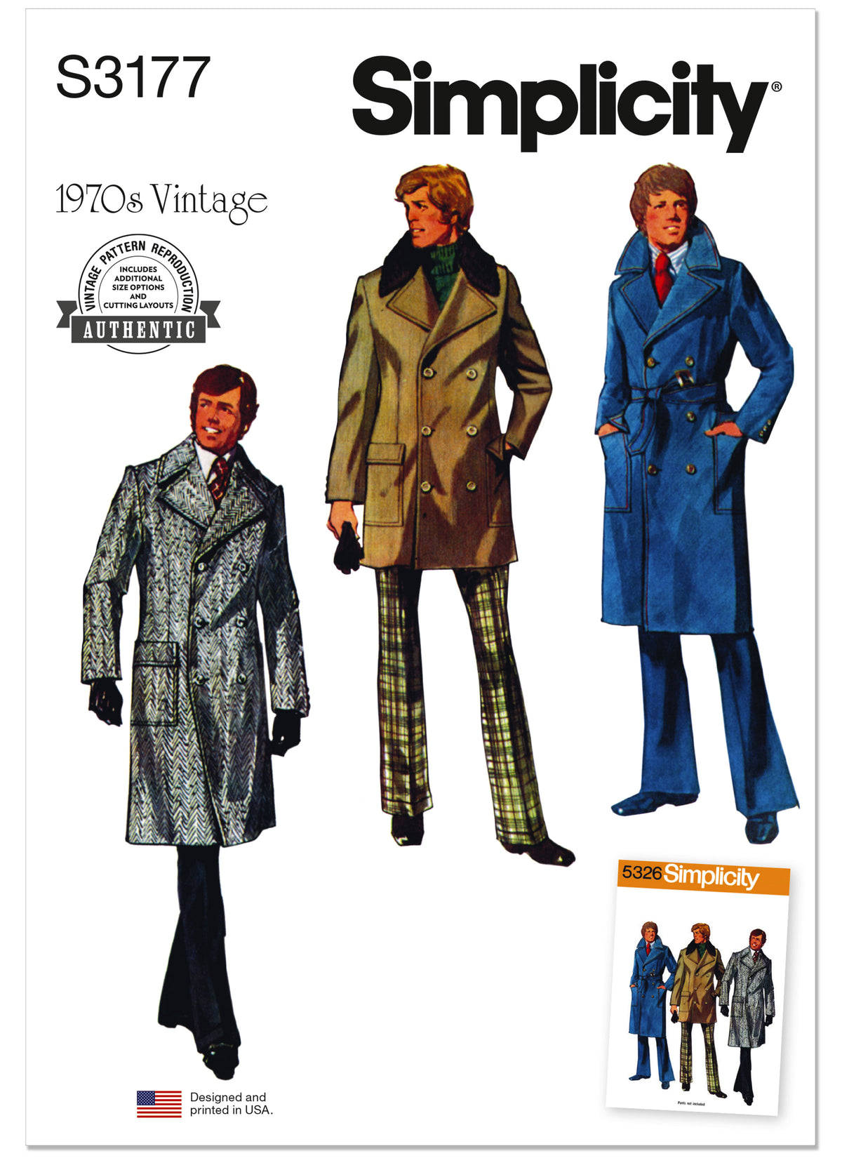Simplicity S3177 pattern envelope showing a vintage 1970s men's overcoat