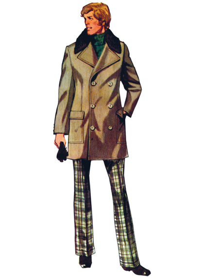 Simplicity S3177 pattern envelope showing a vintage 1970s men's overcoat