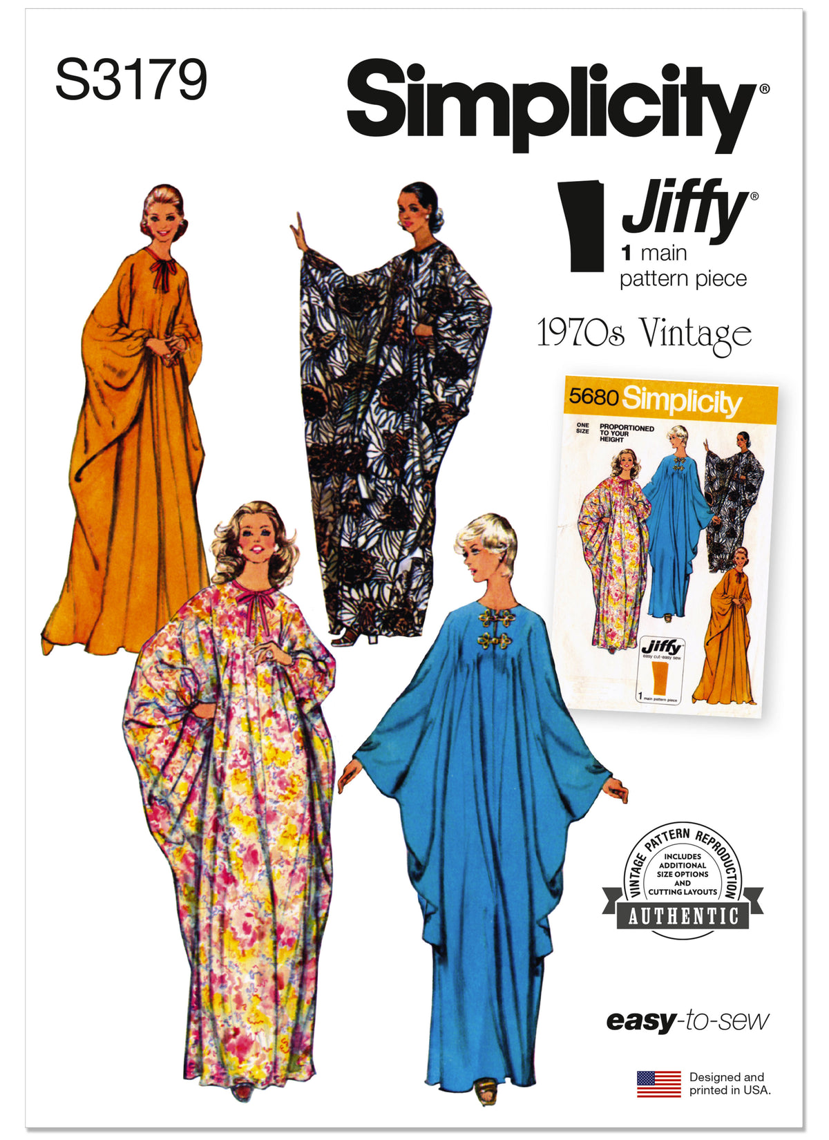 Simplicity S3179 pattern envelope showing a vintage caftan dress